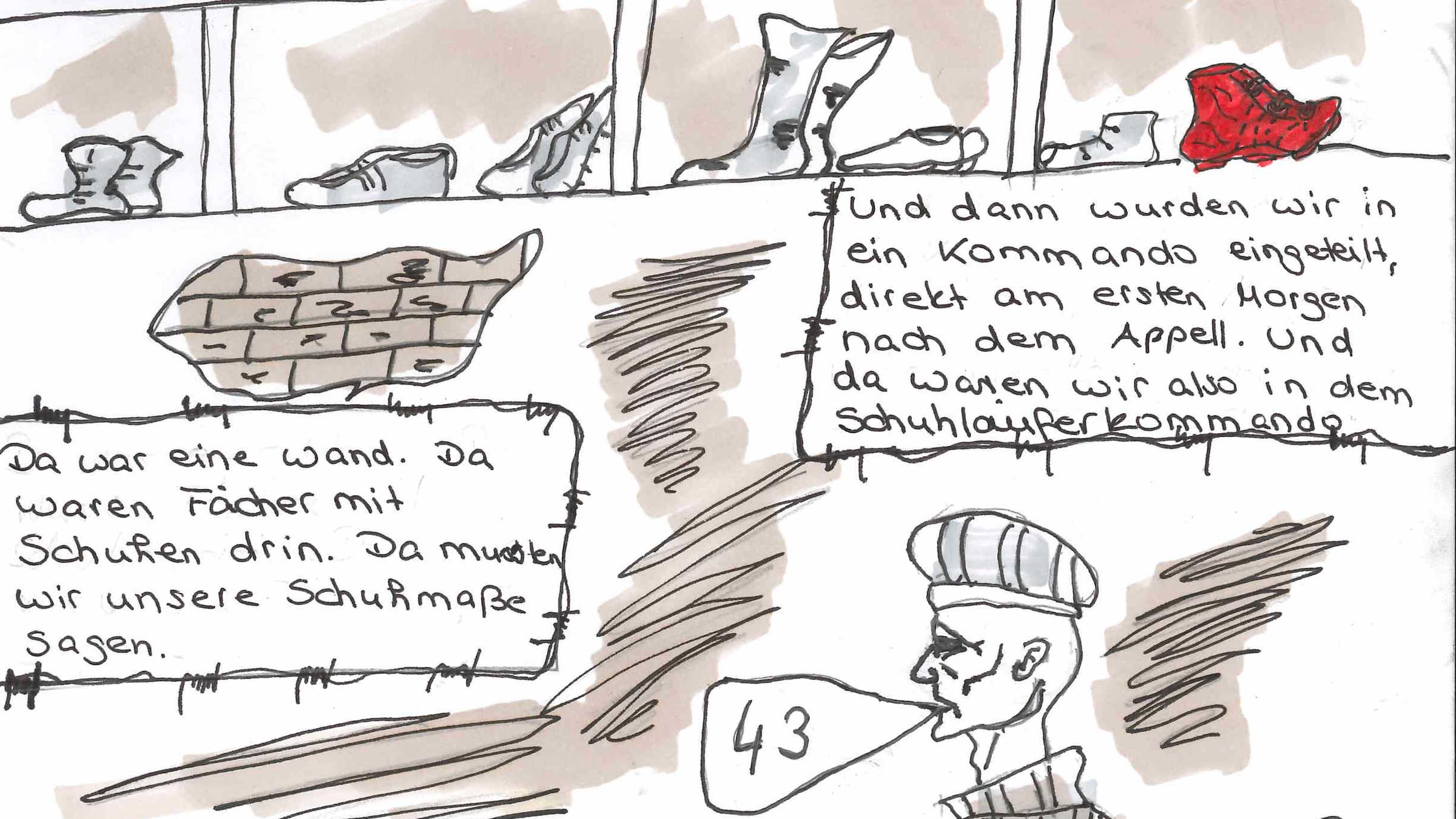 Comic "Blutiger Turnschuh" Ausschnitt aus dem Comic mit Schuhregal und einem Häftling