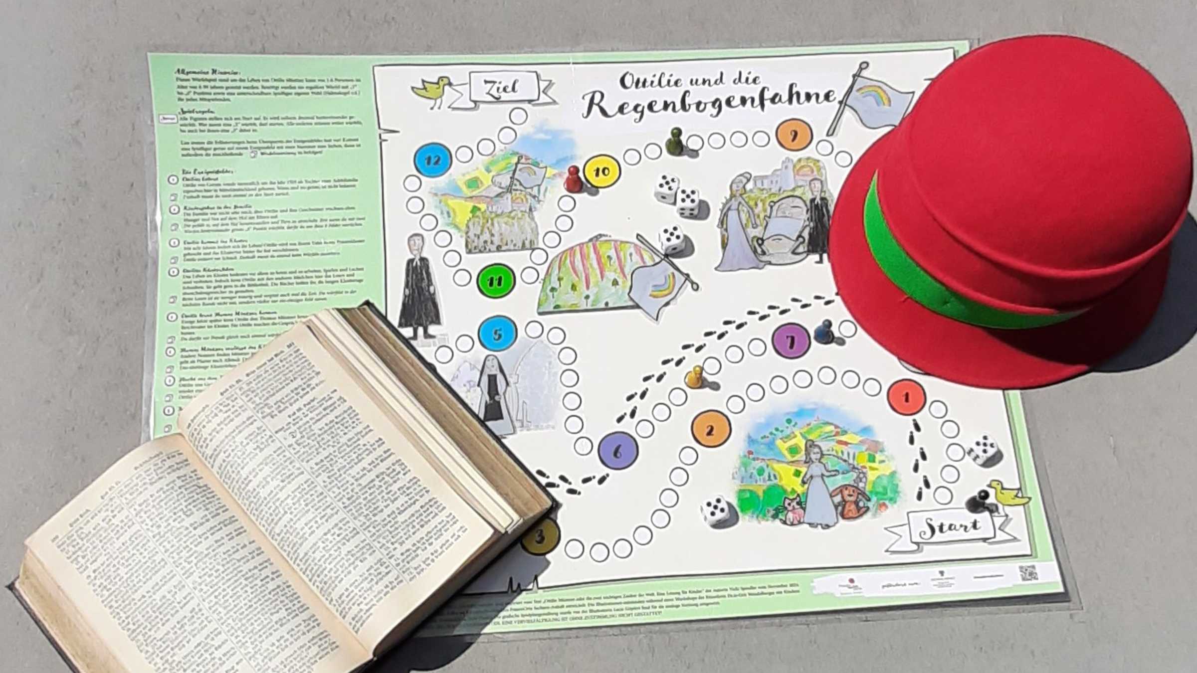 Spiel "Ottilie und die Regenbogenfahne" Spielbrett, darauf liegen ein roter Damenhut und ein historisches Buch