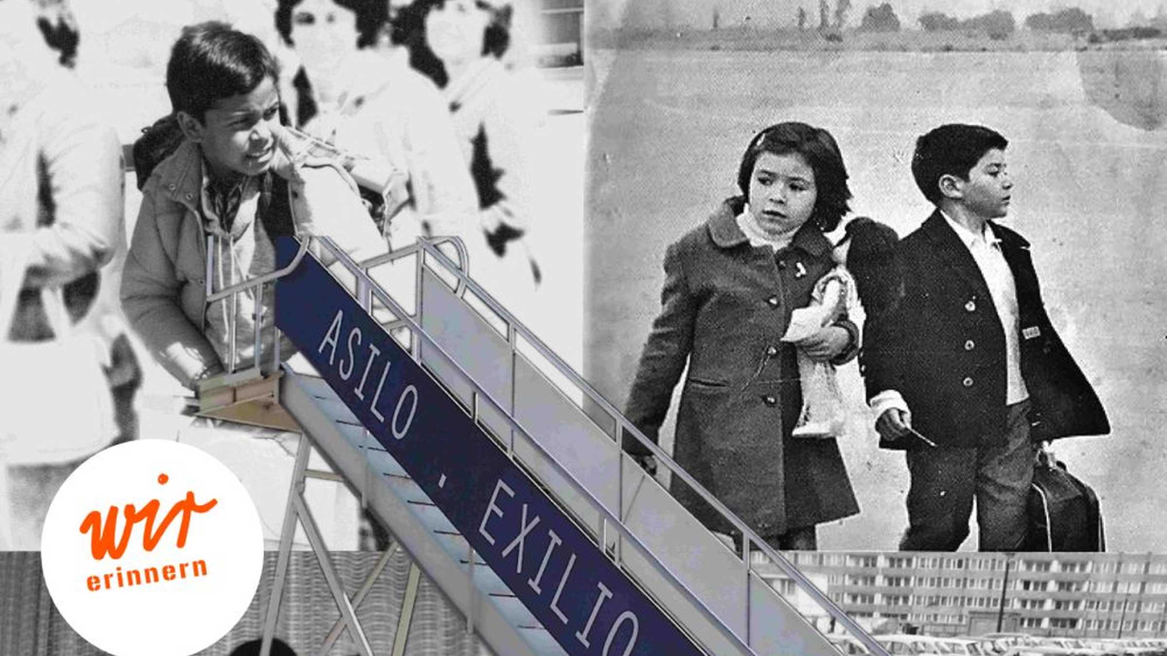 Santiago 9/11 schwarz-weiß Fotos mit Kindern, die Koffer und Plüschtiere tragen an einer Gangway