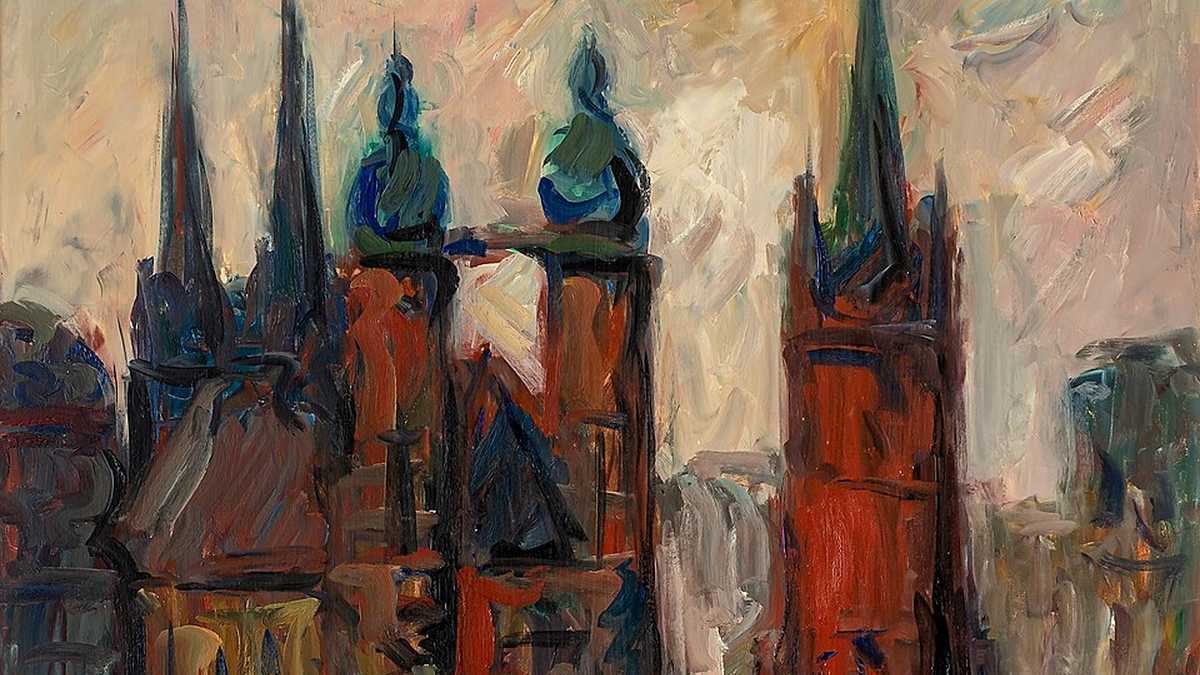 Hans Nowak: Der Markt in Halle, Foto: Hausleitner  Ölgemälde, im impressionistischen Stil, zeigt die fünf Türme von Halle.